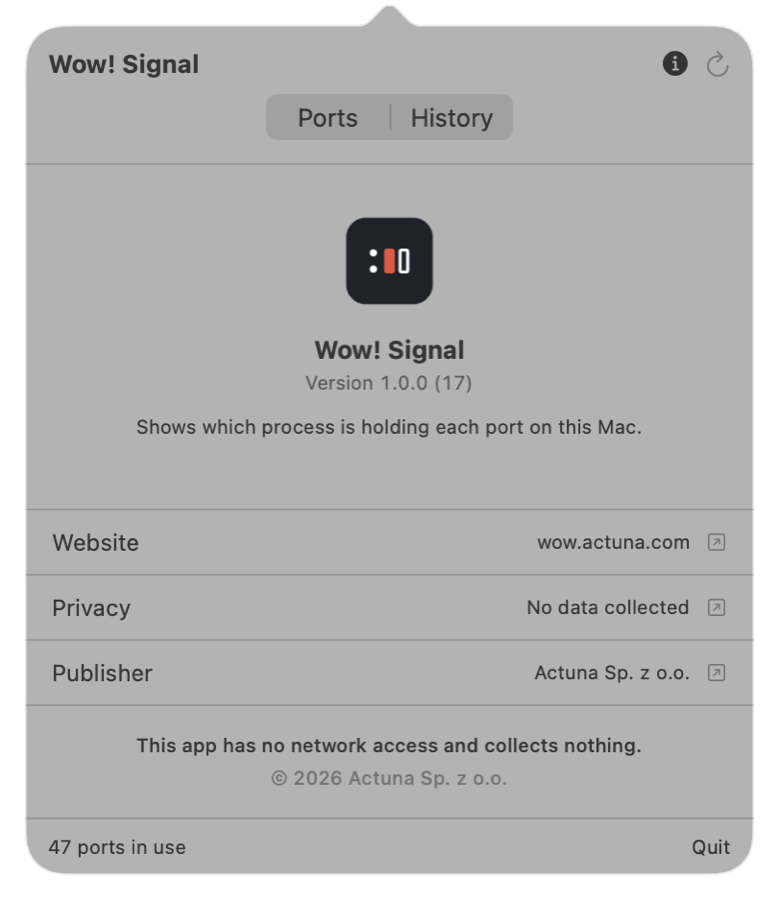 The About tab showing the version, links to the website and privacy statement, and the publisher.