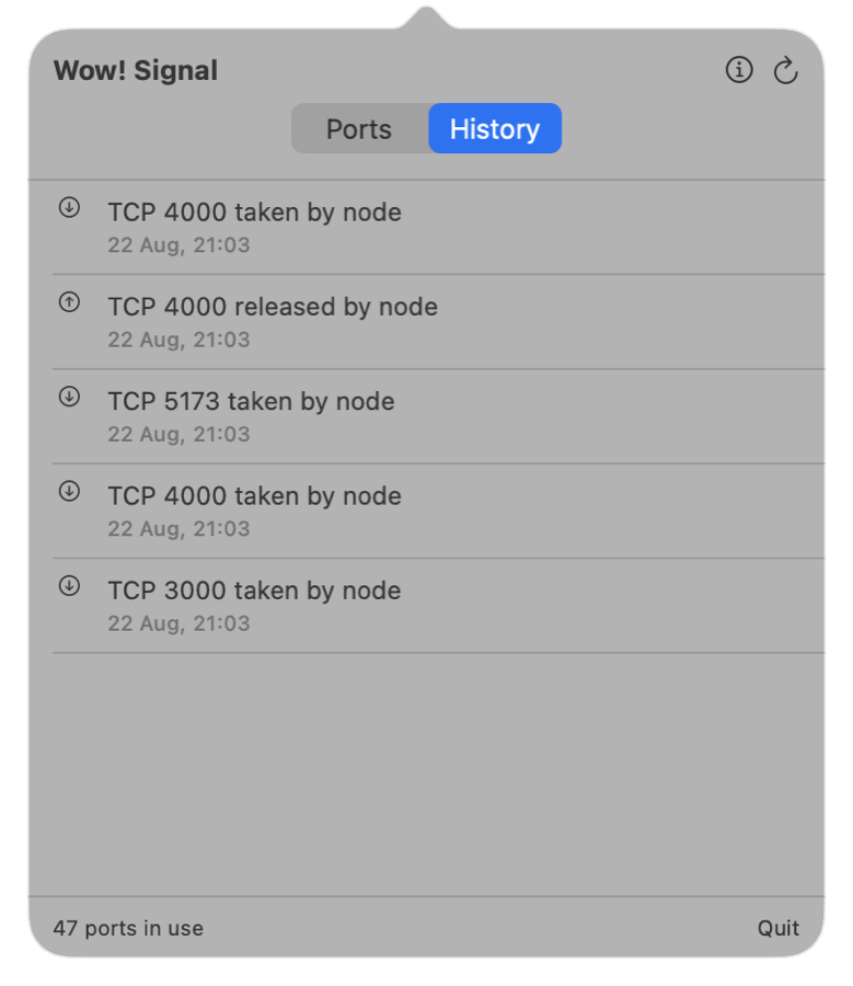 The History tab showing TCP 4000 taken and released by node, and TCP 5173 taken by node, each with a timestamp.