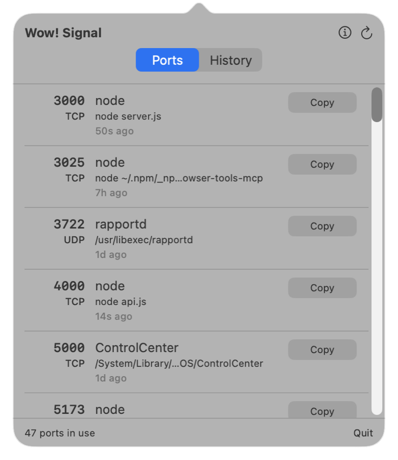 The Ports tab listing port 3000 held by node server.js, 5173 by node vite.js, and system processes below.